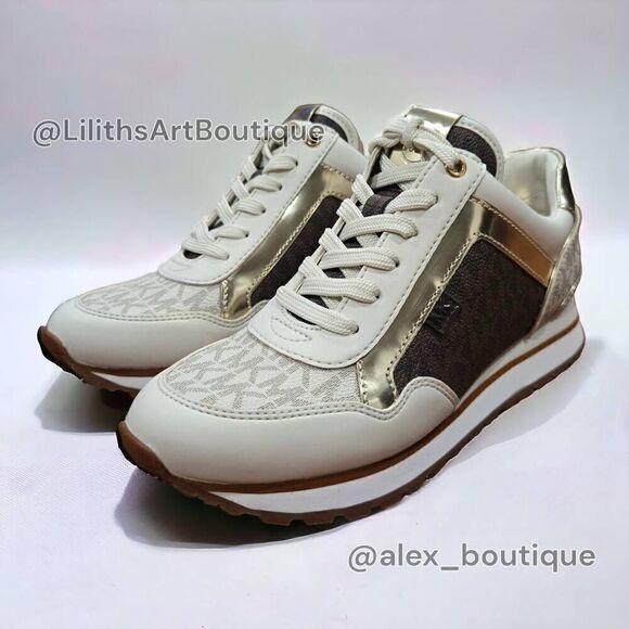 Michael Kors Maddy Vanilla/ Brown Two-Tone Logo Trainer Women's Sneakers 5.5 - Picture 5 of 13